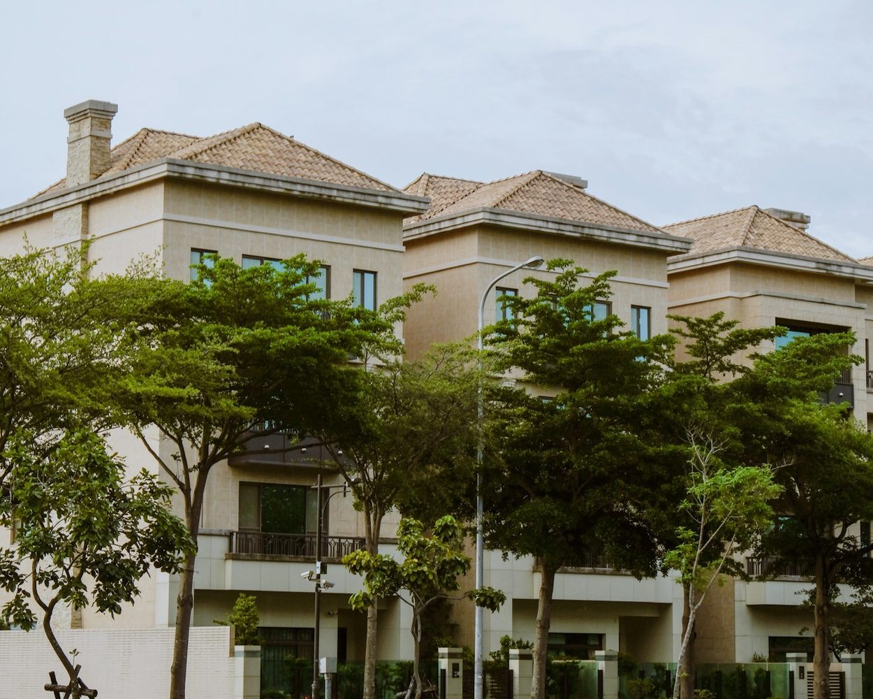 A row of three-storey terraced homes behind trees in a residential estate